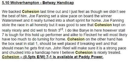 DG Tips - Selection of Cohesion at Wolverhampton