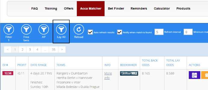 In the Acca Matcher, select "Lay All"